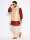 Vastramay Men's Plus Size Gold Zari Weaved Nehru Jacket With Curved Kurta Dhoti set